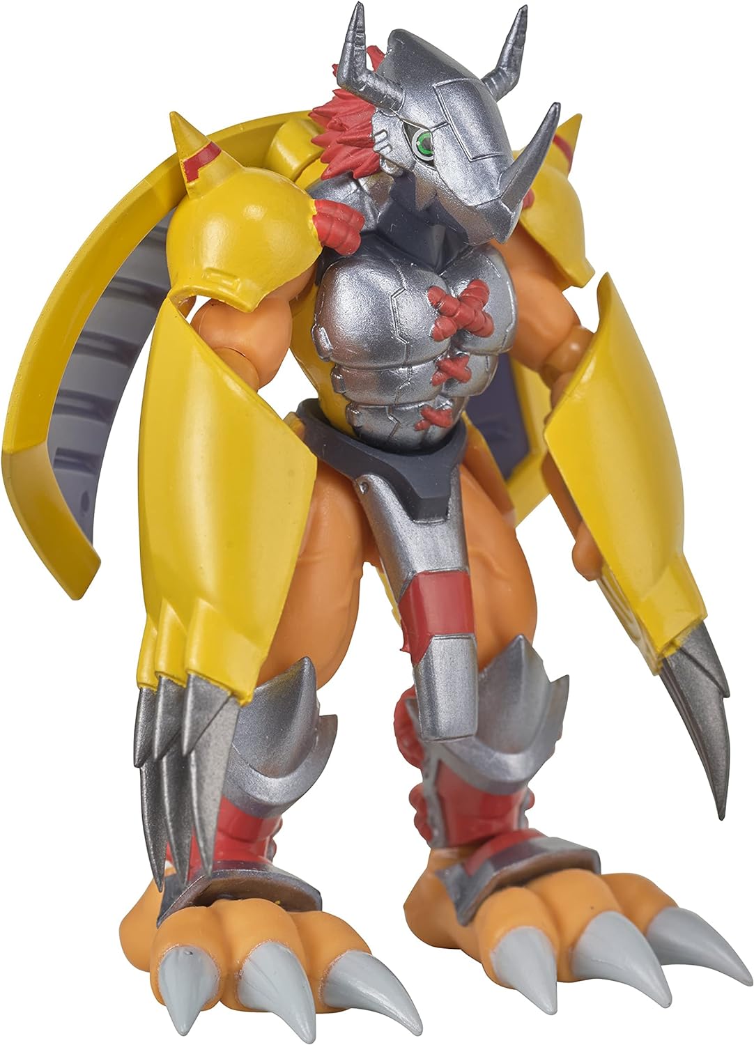 DIGIMON Shodo 3.5 WarGreymon Action Figure 86971 (6) A detailed Digimon Shodo 3.5" Figure of an armored anthropomorphic creature with yellow wings, large claws, and red and silver metallic armor.