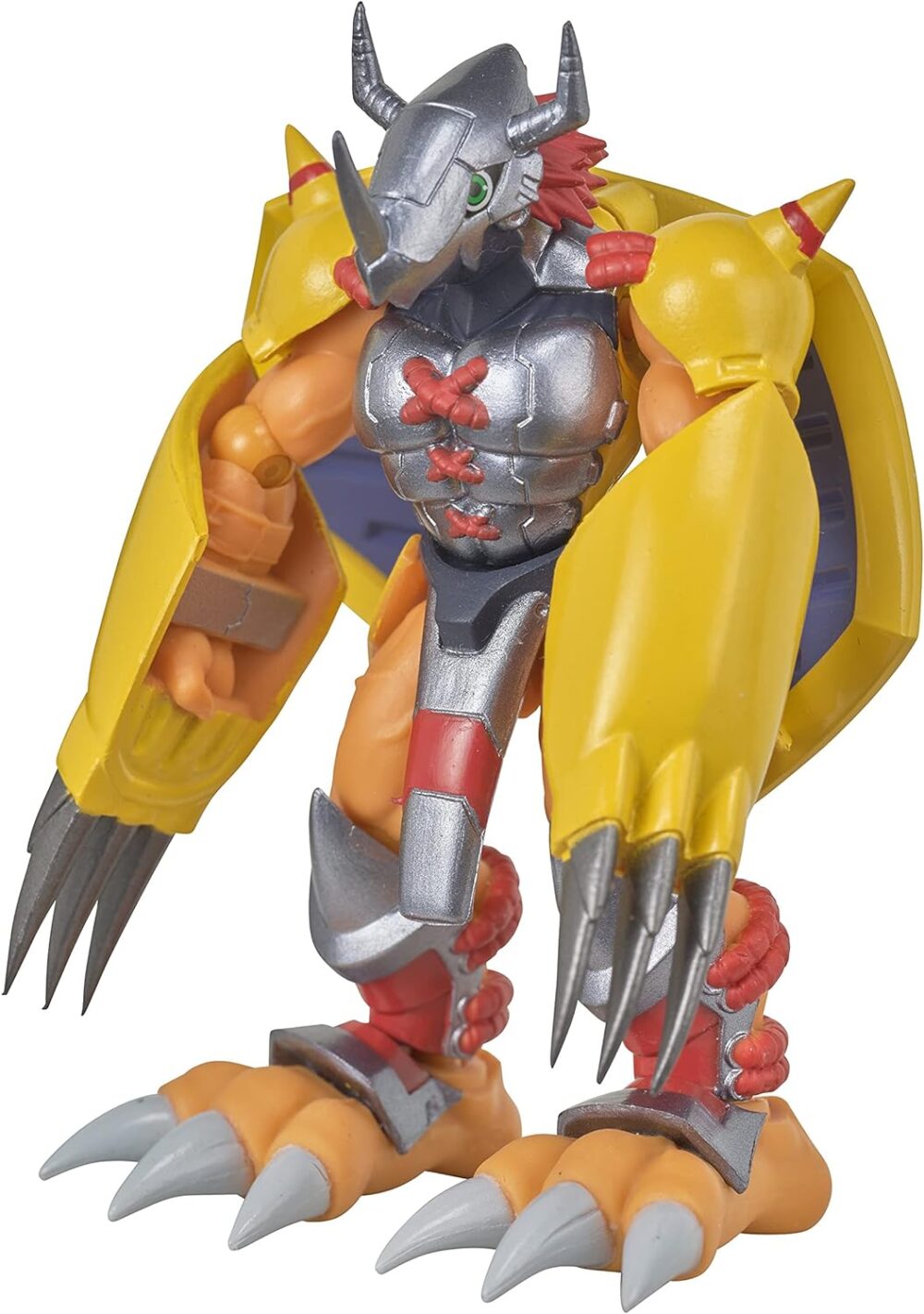A Digimon Shodo 3.5" Figure of a mechanical creature with rhino-like armor, yellow arm guards, orange body, and long, sharp claws on its feet and hands.