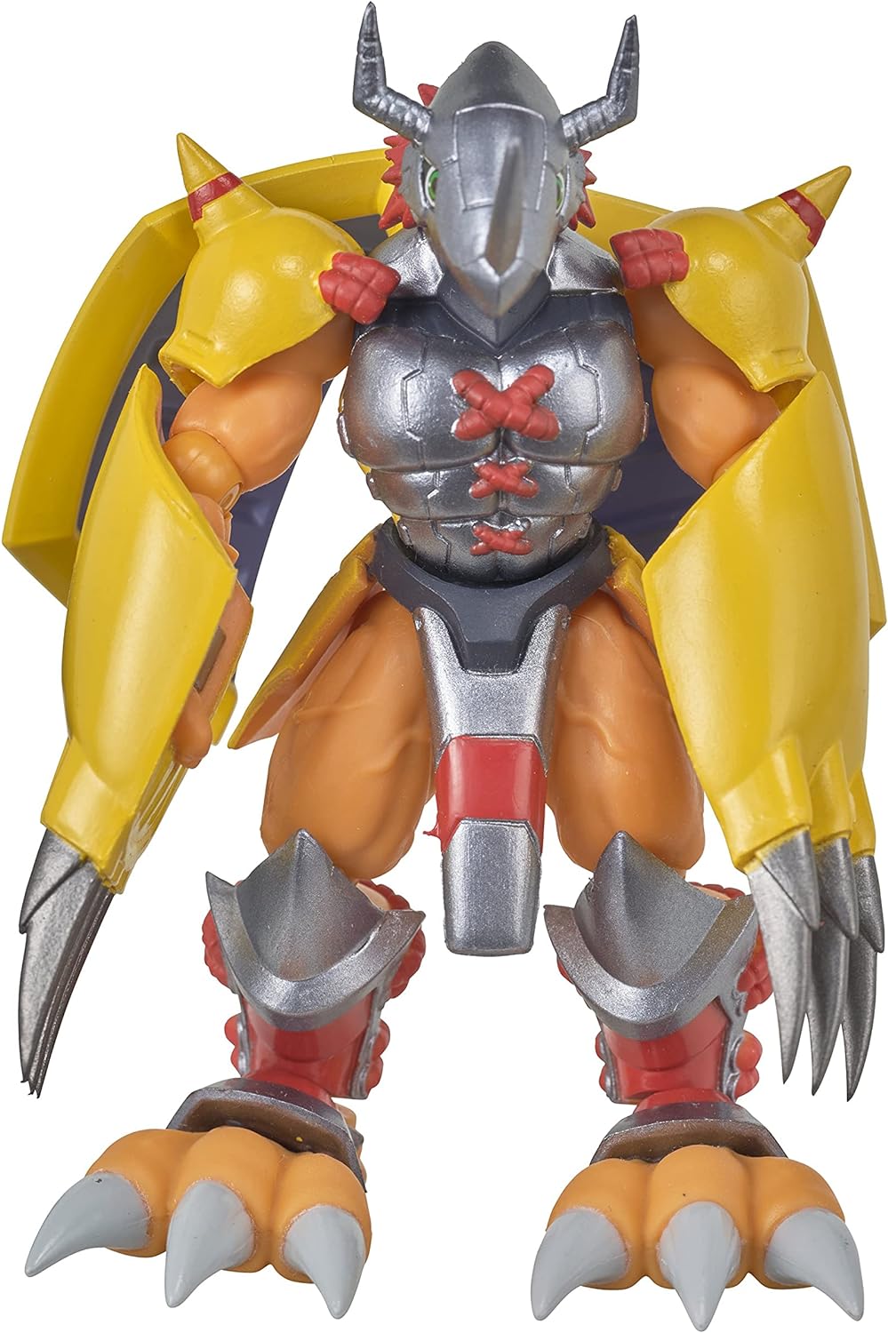 A detailed Digimon Shodo 3.5" Figure of a humanoid creature with armor, featuring yellow arm guards, silver claws, and a helmet with horns. The figure has muscular arms and legs with large, clawed feet.