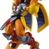 A detailed Digimon Shodo 3.5" Figure of a robotic creature with metallic armor, yellow wings, and large clawed feet, posed dynamically with arms raised.