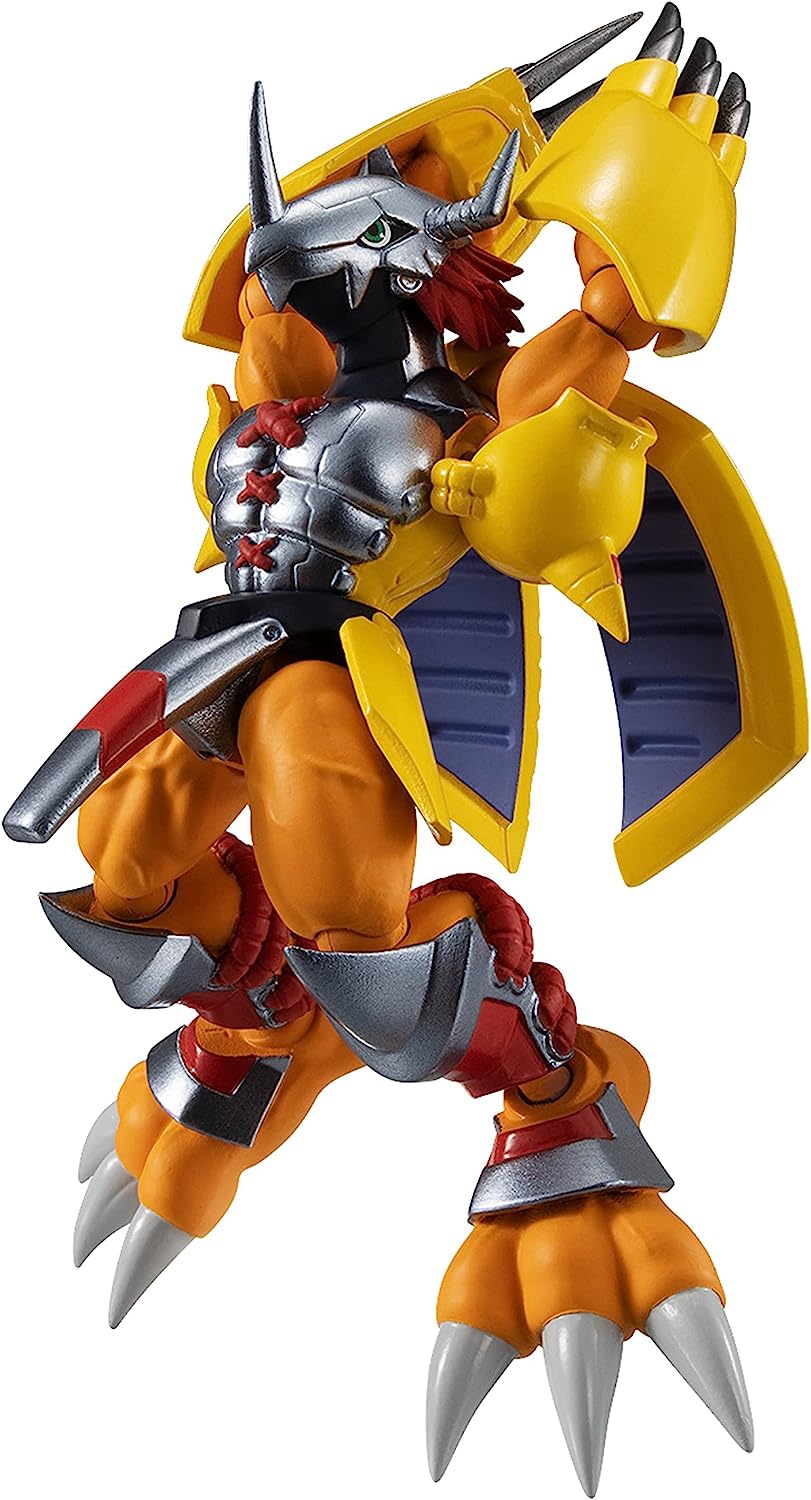 A detailed Digimon Shodo 3.5" Figure of a robotic creature with metallic armor, yellow wings, and large clawed feet, posed dynamically with arms raised.