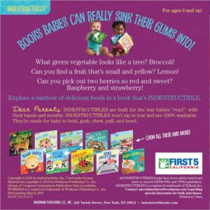 Advertisement for "Indestructibles: Baby, Let's Eat!: Chew Proof Rip Proof, Nontoxic, Washable (Suitable For Babies, Infants, and Toddlers, Safe to Chew)" books for babies, highlighting their chew-proof, rip-proof, and washable features. Promotes titles like "Baby Faces" and "Creepy Crawly Baby." Includes a "First 5 California" logo.