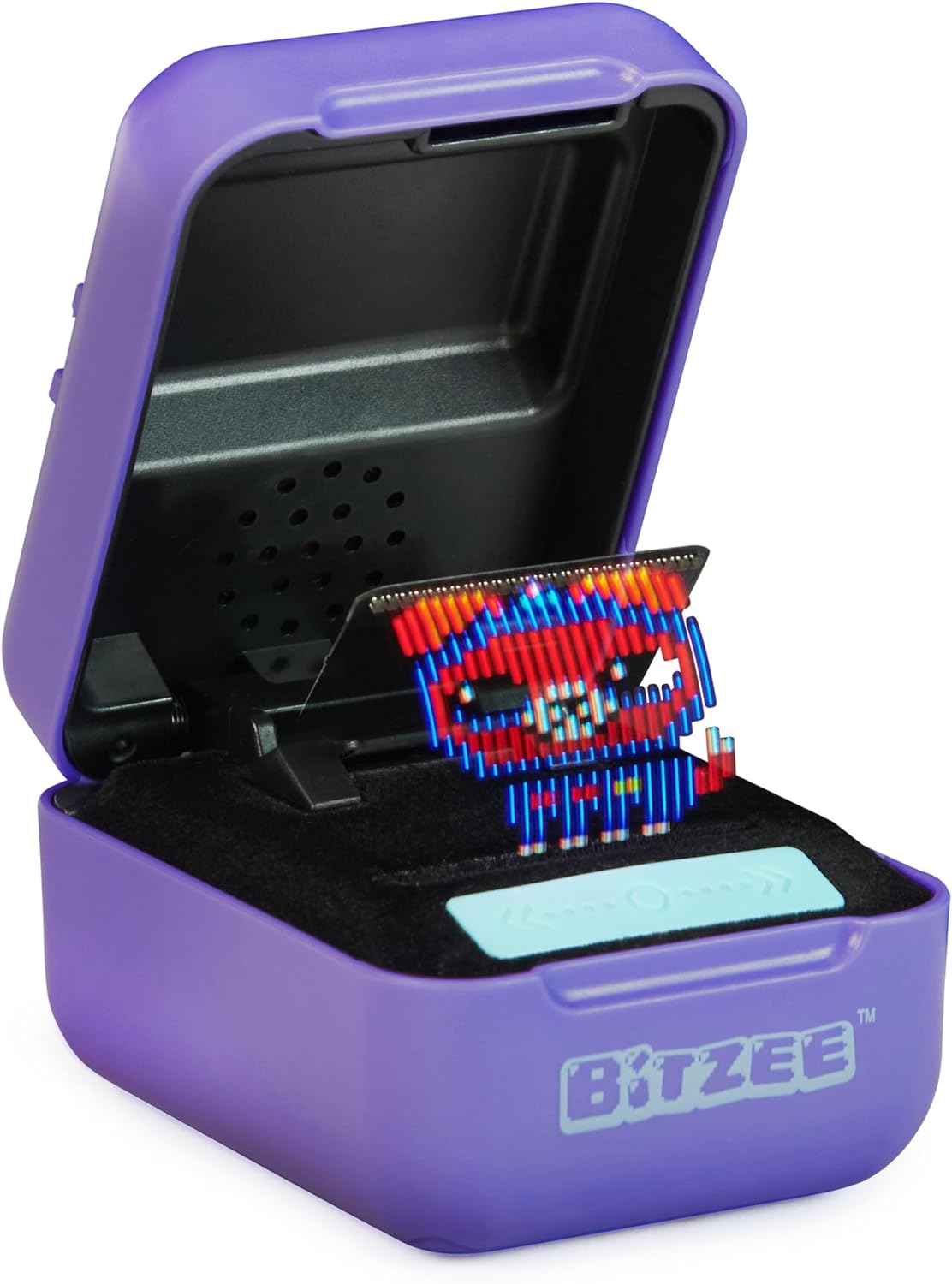 Interactive Toy Digital Pet with 15 Animals Inside, Virtual Electronic Pets React to Touch, Kids Toys for Girls and Boys (1) Spin Master Bitzee Interactive Toy Digital Pet with a pixelated red, blue, and white face displayed on its screen, inside an open cube-shaped case.