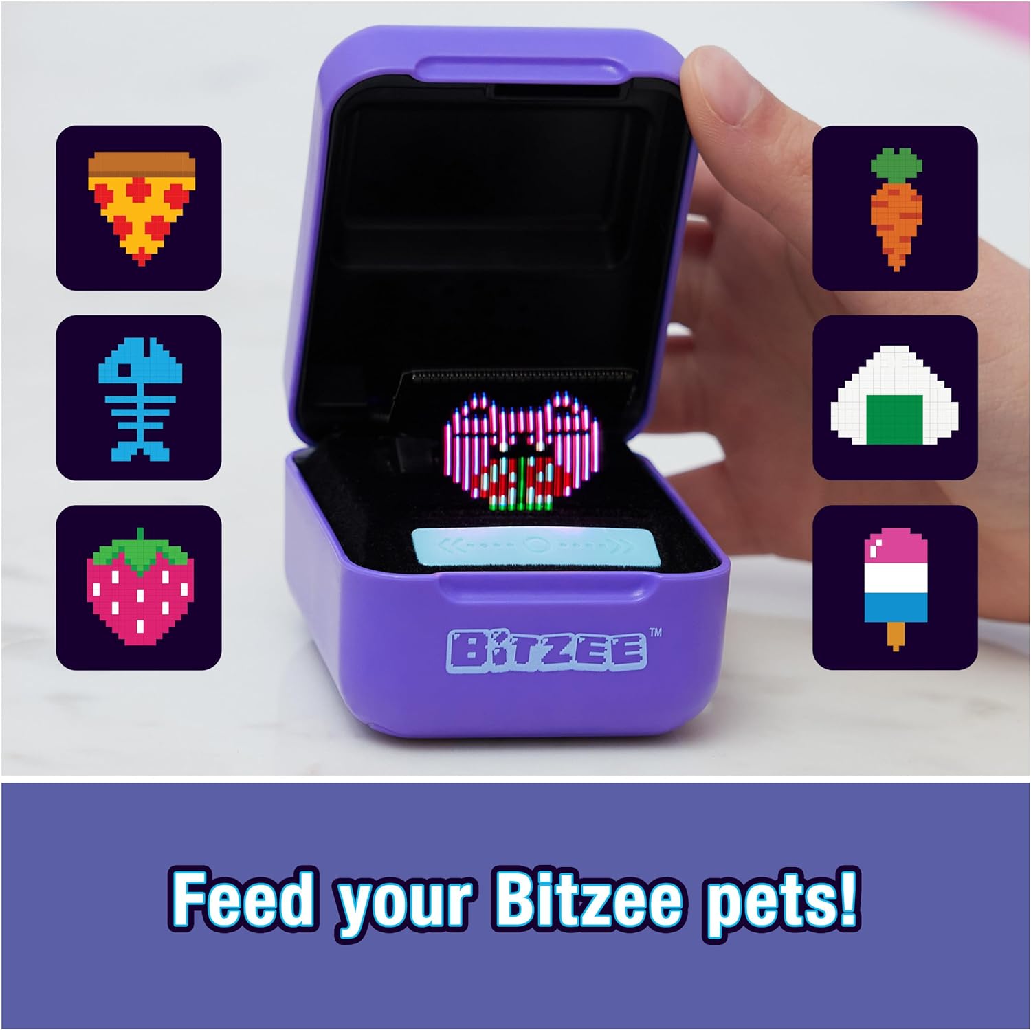 Interactive Toy Digital Pet with 15 Animals Inside, Virtual Electronic Pets React to Touch, Kids Toys for Girls and Boys (3) A digital image of a handheld device called Spin Master Bitzee Interactive Toy Digital Pet, featuring a digital pet on the screen. Various pixelated food icons surround the device. The text reads, "Feed your Spin Master Bitzee Interactive Toy Digital Pet!