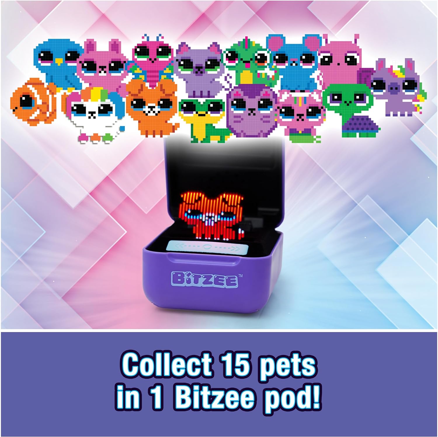 Interactive Toy Digital Pet with 15 Animals Inside, Virtual Electronic Pets React to Touch, Kids Toys for Girls and Boys (5) Image of a Spin Master Bitzee Interactive Toy Digital Pet displaying pixelated animal characters on a screen. Text reads: "Collect 15 pets in 1 Spin Master Bitzee Interactive Toy Digital Pet pod!" The pod is purple with the Spin Master Bitzee logo.