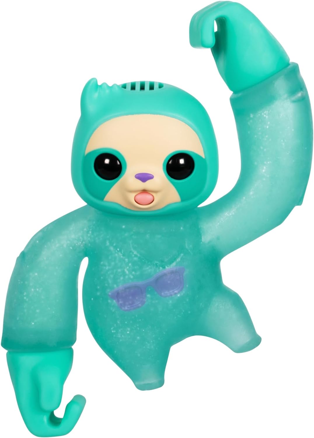 A green toy sloth with a smiling face, black eyes, and raised arms. The toy is posed as if dancing or waving, with a fun and playful expression.