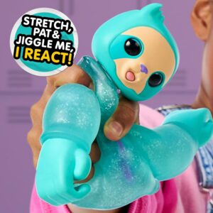 A person holding a blue, stretchy toy resembling an animal, with a speech bubble saying, "Stretch, Pat & Jiggle Me, I React!" in the background.
