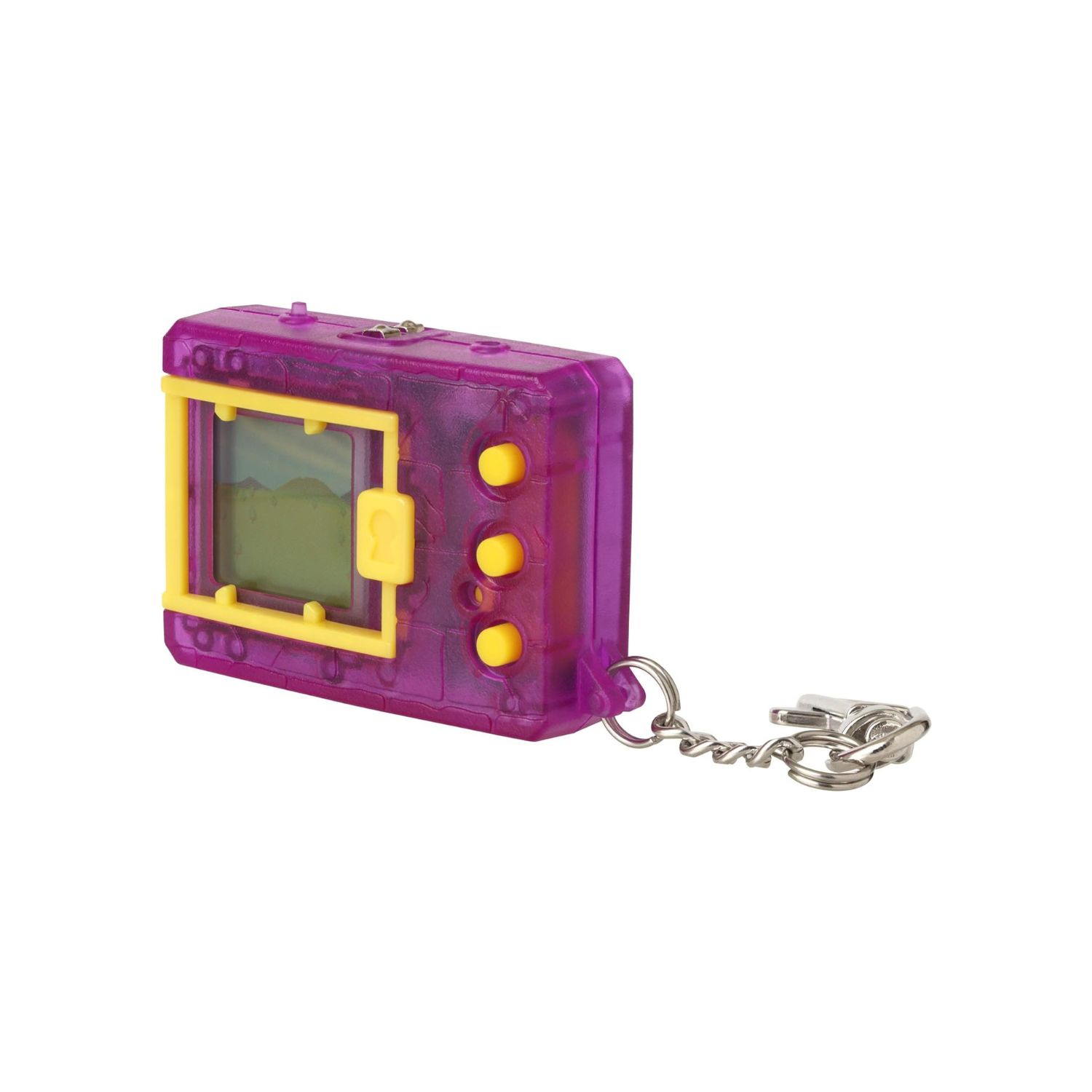 A purple and yellow key chain with a key ring.