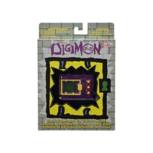 A purple and yellow digimon figure in a package.