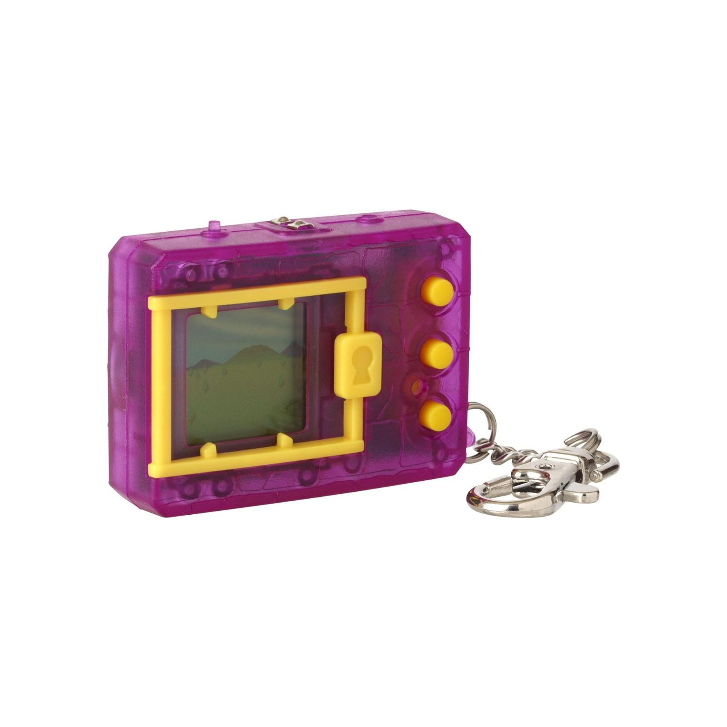 A purple and yellow key chain with a lcd screen.