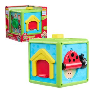 CoComelon 6-inch Busy Block activity cube next to its box