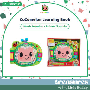 CoComelon Learning Book Interactive Toy by Just Play, designed for toddlers ages 18 months and up, features three modes with music, numbers, and animal sounds. Includes images of the toy and its packaging.