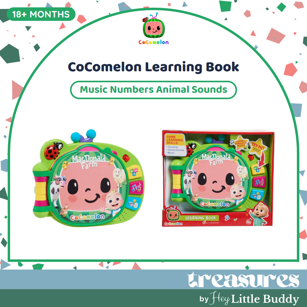 cocomelon-learningbook-102 CoComelon Learning Book Interactive Toy by Just Play, designed for toddlers ages 18 months and up, features three modes with music, numbers, and animal sounds. Includes images of the toy and its packaging.