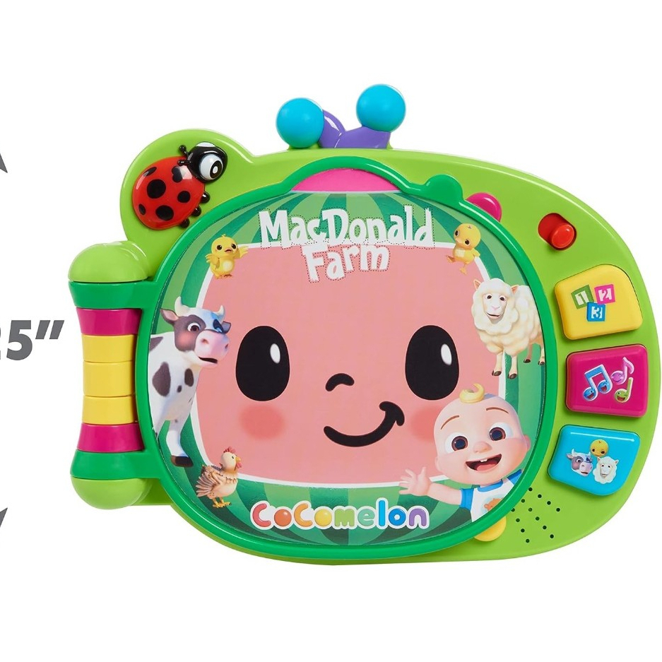 cocomelon-learningbook-104 CoComelon Learning Book Interactive Toy for toddlers features animal characters, musical buttons, and the “MacDonald Farm” text on the cover; includes 3 modes with music, numbers, and animal sounds.