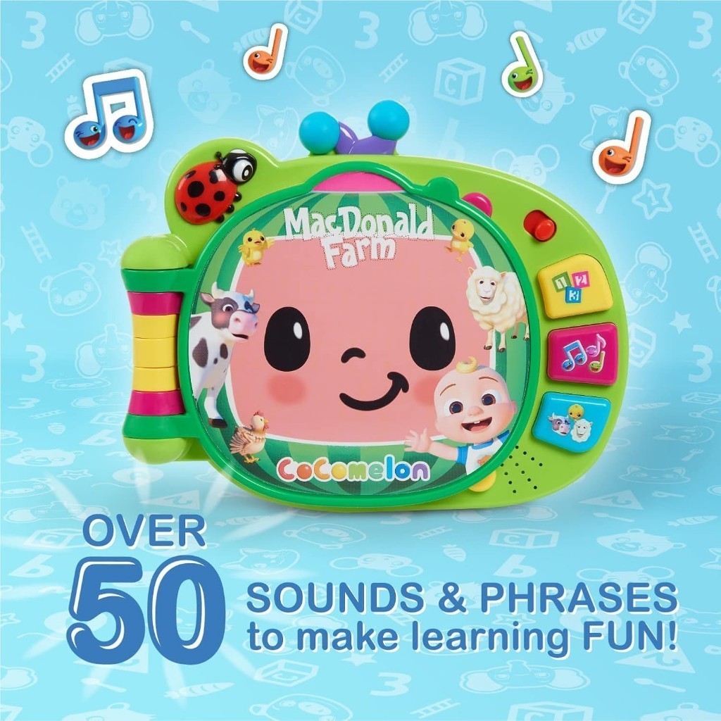 cocomelon-learningbook-105 The CoComelon Learning Book Interactive Toy for toddlers features animal illustrations, music notes, and text highlighting over 50 sounds and phrases, making learning fun with three play modes: music, numbers, and animal sounds.