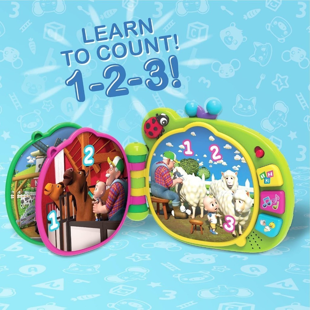 cocomelon-learningbook-106 The CoComelon Learning Book Interactive Toy features colorful illustrations of animals and farmers, numbers 1-2-3, and engaging musical and interactive buttons, all set against a blue patterned background.