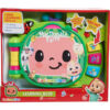 cocomelon-learningbook-107 CoComelon Learning Book Interactive Toy in packaging, featuring a smiling face, animal images, and buttons for music, numbers, animal sounds, and phrases—offering 3 play modes by Just Play.