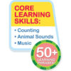 cocomelon-learningbook-108 A sign for the CoComelon Learning Book Interactive Toy highlights “Core Learning Skills: Counting, Animal Sounds, Music” and features a green badge that reads “50+ learning phrases!”.