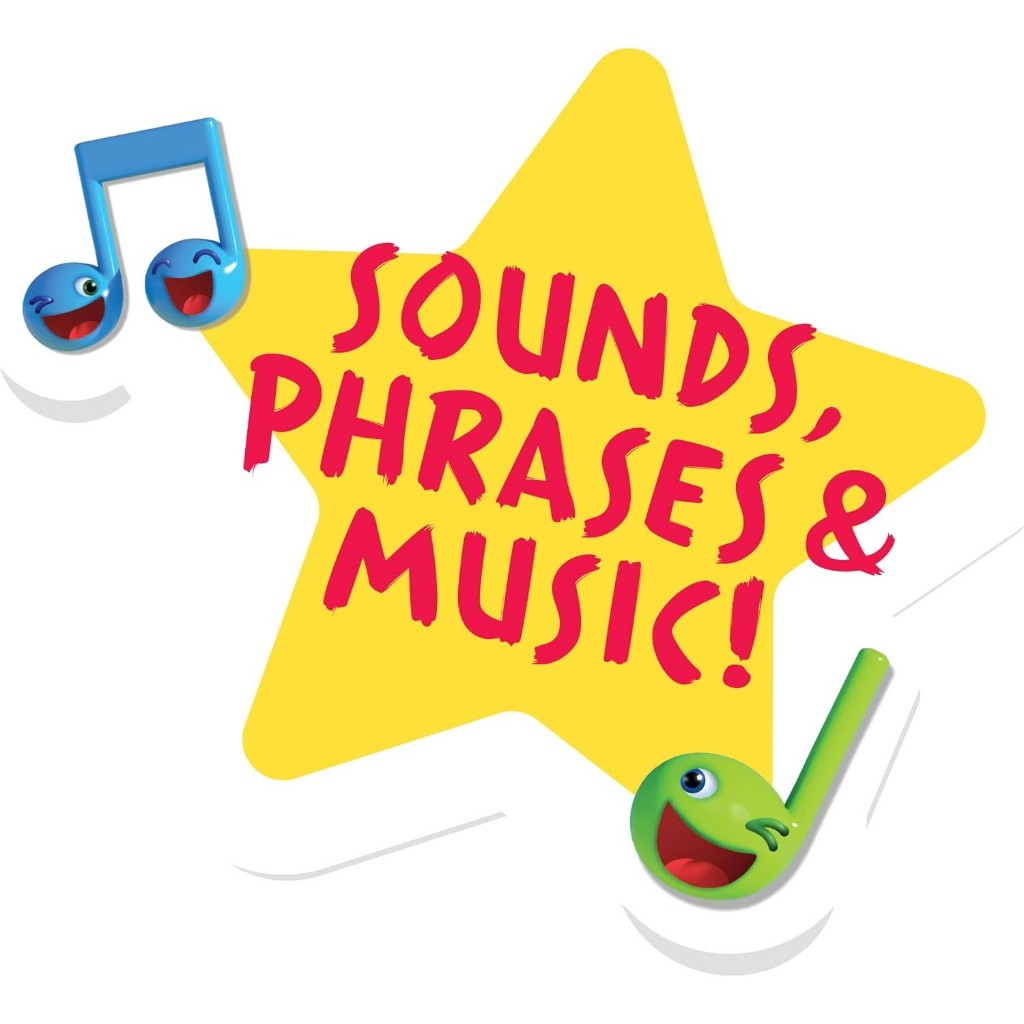 cocomelon-learningbook-109 A yellow star with red text reading “SOUNDS, PHRASES & MUSIC!” appears alongside cartoon musical notes with smiling faces in the corners—part of the CoComelon Learning Book Interactive Toy for toddlers by Just Play, featuring 3 modes: music, numbers, and animal sounds.