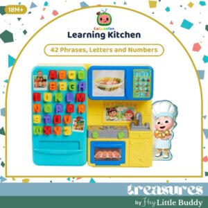 CoComelon Learning Kitchen 34 Piece Interactive Play Kitchen features alphabet buttons, play food, a sink, an oven, and a chef character cutout; designed for toddlers ages 18 months and up.