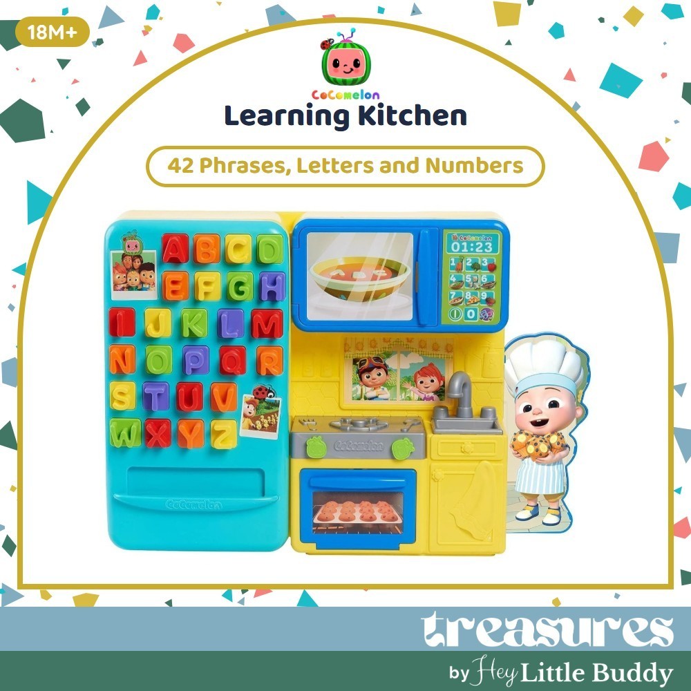 cocomelon-learningkitchen-72 CoComelon Learning Kitchen 34 Piece Interactive Play Kitchen features alphabet buttons, play food, a sink, an oven, and a chef character cutout; designed for toddlers ages 18 months and up.
