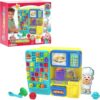 cocomelon-learningkitchen-73 Introducing the CoComelon Learning Kitchen 34 Piece Interactive Play Kitchen—a vibrant set featuring letters, numbers, fun sounds, a pretend stove, cooking utensils, plastic food items, and a smiling chef figure. The packaging displays a child joyfully playing with the toddler toy kitchen set.