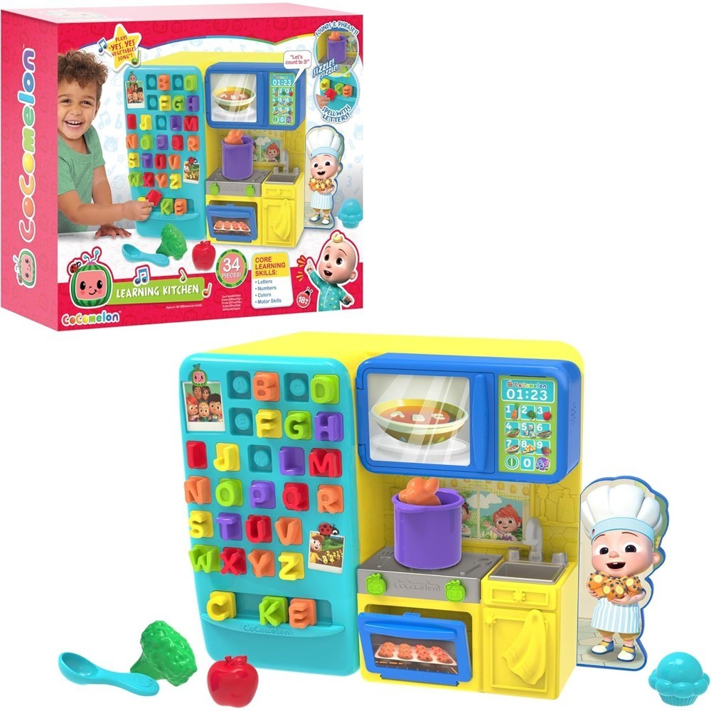 cocomelon-learningkitchen-73 Introducing the CoComelon Learning Kitchen 34 Piece Interactive Play Kitchen—a vibrant set featuring letters, numbers, fun sounds, a pretend stove, cooking utensils, plastic food items, and a smiling chef figure. The packaging displays a child joyfully playing with the toddler toy kitchen set.