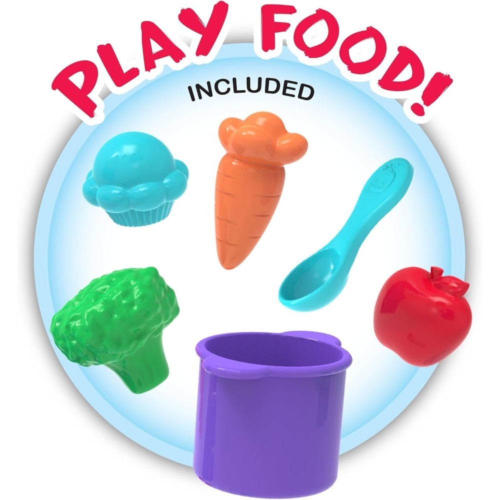 cocomelon-learningkitchen-75 A selection of plastic toy foods and utensils—including a muffin, carrot, spoon, broccoli, apple, and a purple pot—from the CoComelon Learning Kitchen 34 Piece Interactive Play Kitchen Letters Numbers Sounds Toddler Toy are arranged on a light blue background with the words “PLAY FOOD! INCLUDED.”.