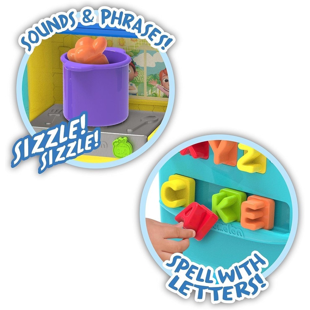 cocomelon-learningkitchen-76 The CoComelon Learning Kitchen 34 Piece Interactive Play Kitchen features a purple pot that makes sizzling sounds and includes colorful plastic letters for toddlers to place into slots and spell words.