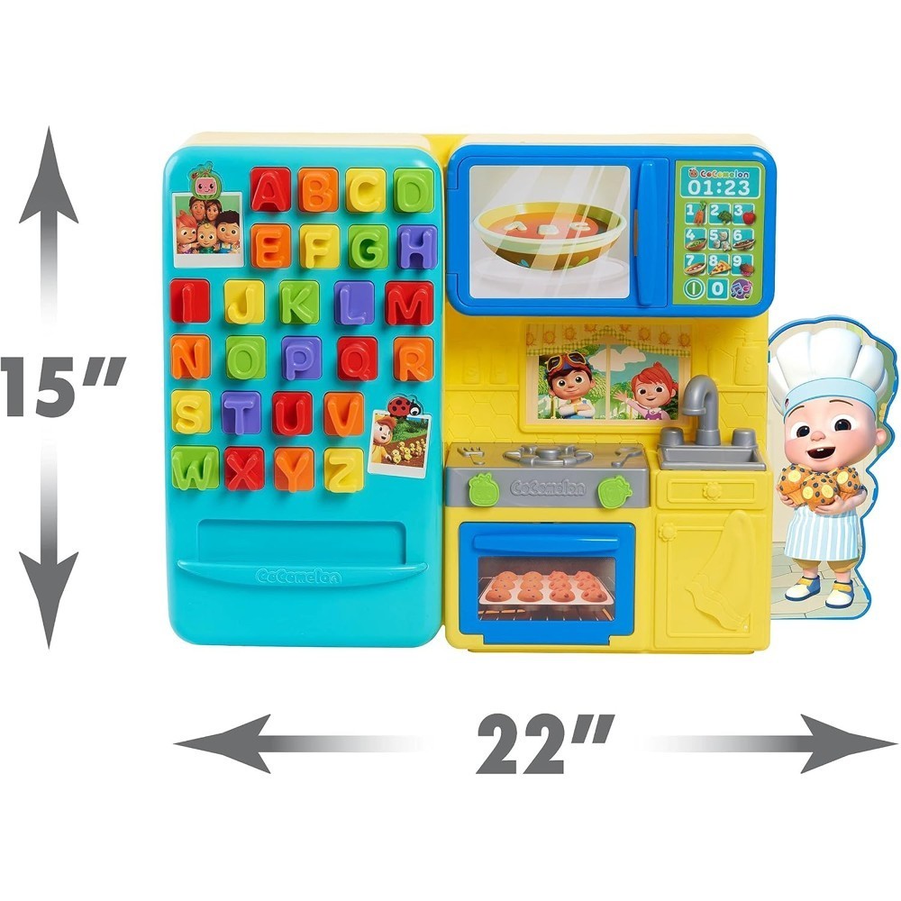 cocomelon-learningkitchen-78 The CoComelon Learning Kitchen 34 Piece Interactive Play Kitchen features alphabet buttons, a sink, oven, refrigerator, and a cartoon chef figure; it measures 15 inches tall and 22 inches wide.