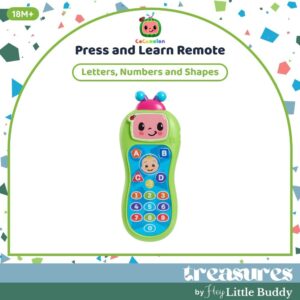 The CoComelon Press and Learn Remote Toddler Learning Toy is designed for ages 18 months and up, featuring a smiling character face at the top and buttons labeled with letters, numbers, and shapes. This colorful remote introduces children to 25 phrases, music, and interactive learning fun.