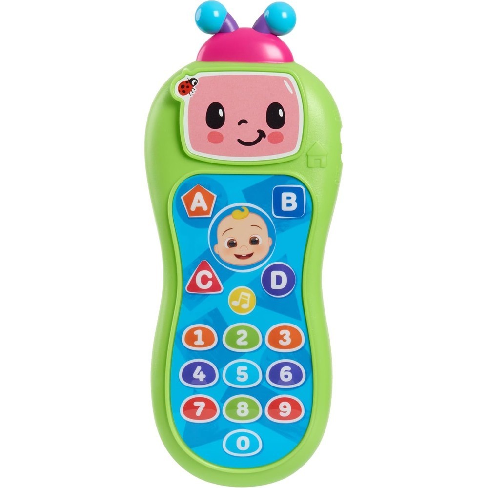 cocomelon-presslearnremote-34 The CoComelon Press and Learn Remote is a colorful toddler learning toy featuring a smiling face, buttons labeled with letters, numbers, and shapes, and designed for young children.