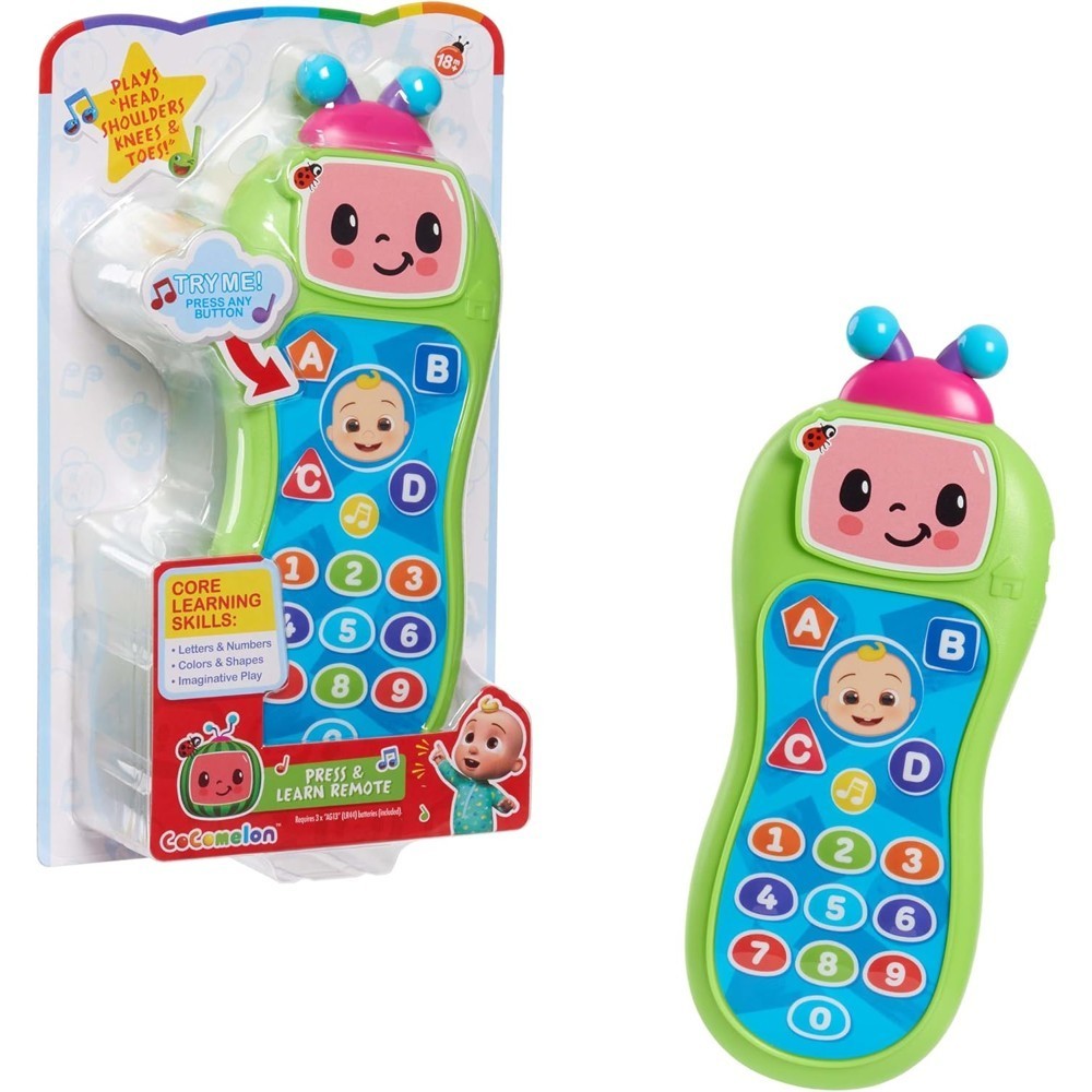 cocomelon-presslearnremote-35 The CoComelon Press and Learn Remote Toddler Learning Toy features a green design with colorful buttons, a cartoon face at the top, and highlights core learning skills such as letters, numbers, and shapes. Suitable for ages 18 months and up, it comes in packaging and out, offering 25 phrases and music for interactive play.