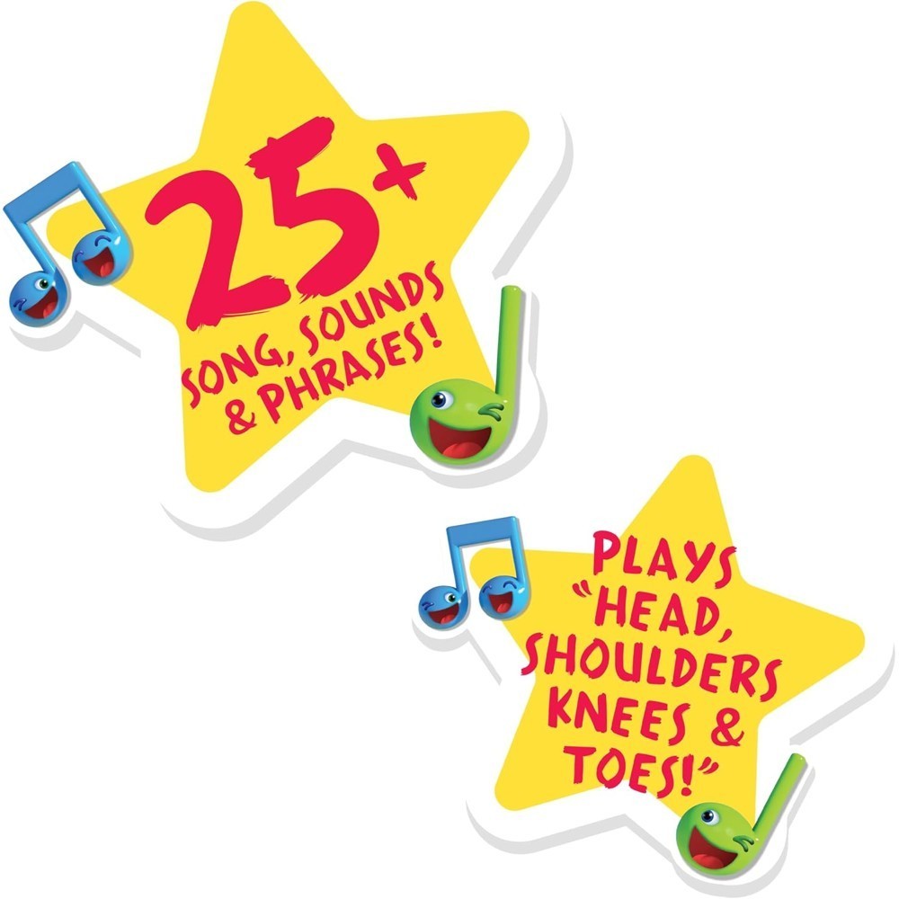 cocomelon-presslearnremote-36 Two yellow stars highlight features of the CoComelon Press and Learn Remote Toddler Learning Toy, displaying music notes alongside the phrases: “25+ songs, sounds & phrases!” and “Plays ‘Head, Shoulders, Knees & Toes!’” with a small green character pictured on each star.