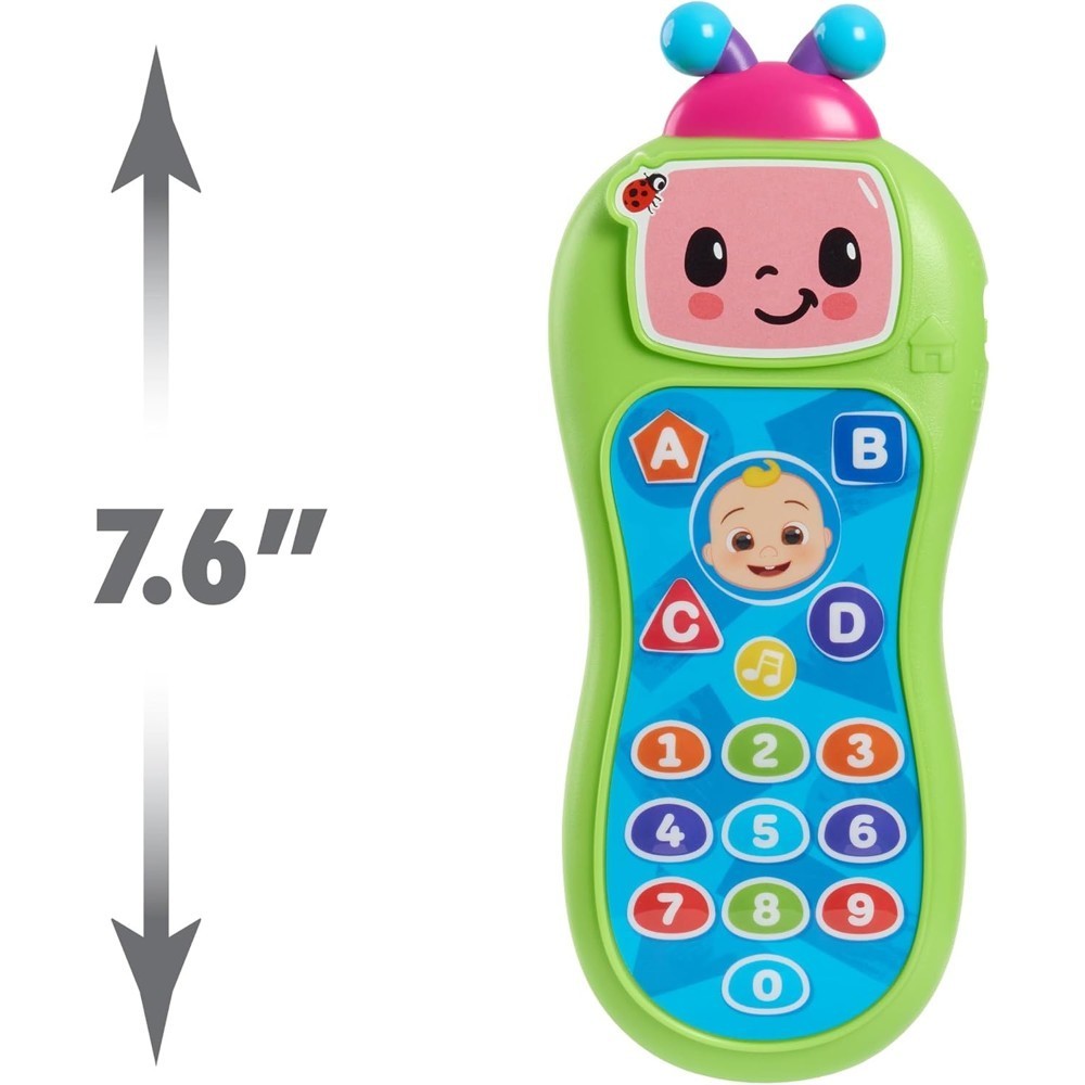 cocomelon-presslearnremote-39 CoComelon Press and Learn Remote Toddler Learning Toy features a colorful design with a smiling face, buttons labeled A–D and 0–9, and a double-headed arrow indicating its 7.6-inch height.