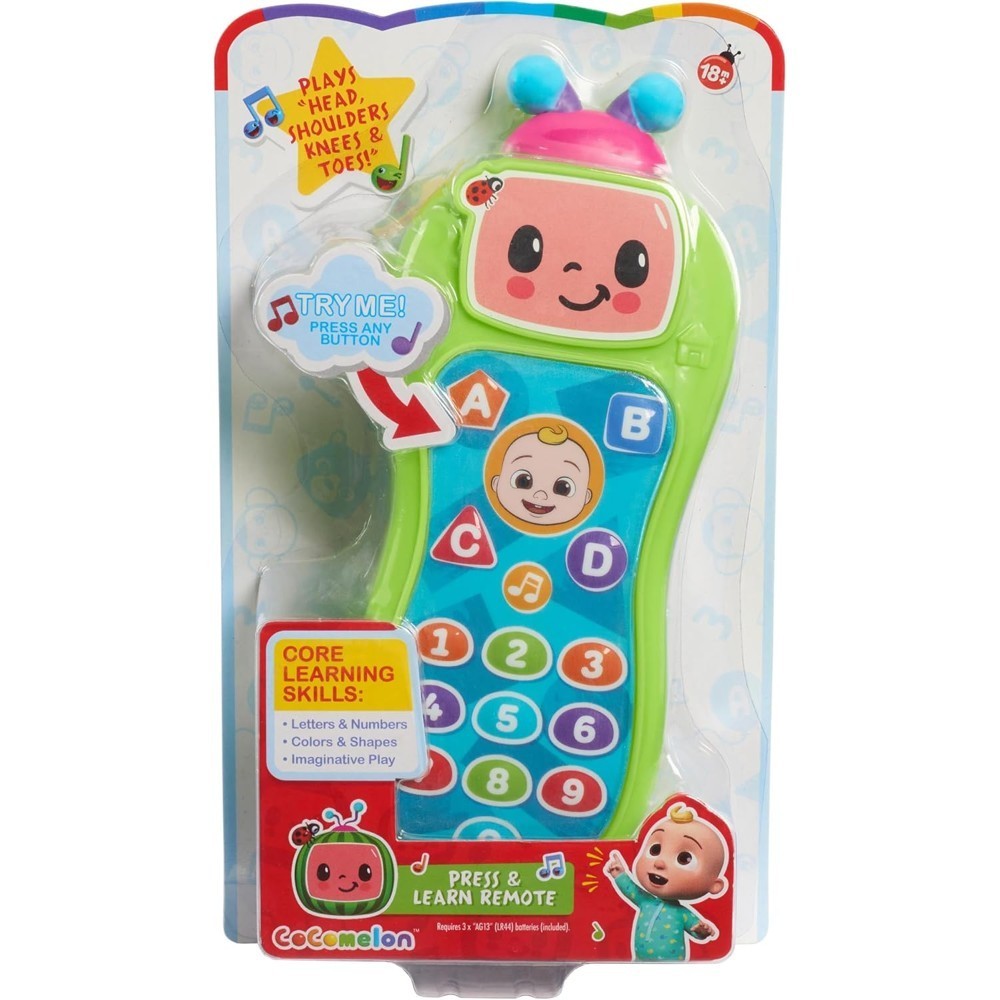cocomelon-presslearnremote-40 CoComelon Press and Learn Remote Toddler Learning Toy in packaging, featuring colorful buttons, a character face at the top, and a “Press & Learn Remote” label; encourages learning letters, numbers, shapes, and colors with over 25 phrases and music.