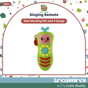The CoComelon Learn and Play Singing Remote Toddler Musical Toy Microphone features a smiling face, colorful buttons, and a ladybug detail, and is designed for children aged 18 months and older.