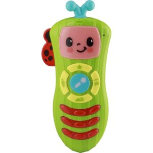 CoComelon Learn and Play Singing Remote Toddler Musical Toy Microphone features a green, caterpillar-shaped design with a smiling face, blue antennae, a red ladybug on the side, and colorful buttons in yellow, blue, and red.