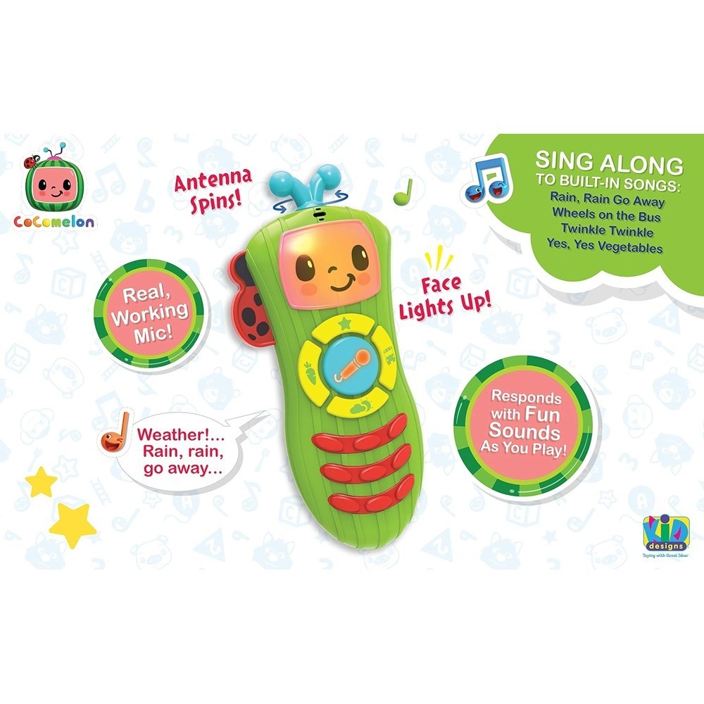 cocomelon-singingremote-67 The CoComelon Learn and Play Singing Remote is a colorful toddler musical toy microphone featuring a smiling face, spinning antenna, light-up face, and interactive buttons. It includes built-in nursery songs, fun sounds, and a real working mic, with the CoComelon logo displayed in the top left.