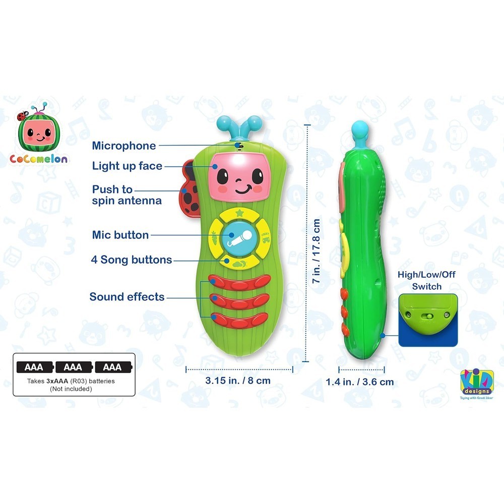 cocomelon-singingremote-68 Introducing the CoComelon Learn and Play Singing Remote Toddler Musical Toy Microphone Light Up Nursery Songs—this green and pink toy remote features buttons for songs, sound effects, and music. Includes a microphone, light-up face, spinning antenna, side switch, and requires 3 AAA batteries.
