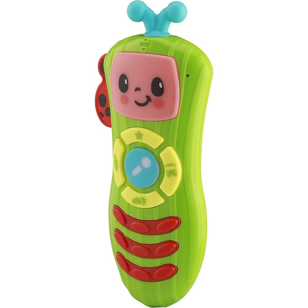 cocomelon-singingremote-69 CoComelon Learn and Play Singing Remote Toddler Musical Toy Microphone features a green caterpillar shape with a smiling face, blue antennae, colorful yellow and red buttons, and a red ladybug accent.