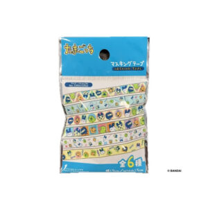 Set of six Daiso Tamagotchi Masking Tape rolls featuring vibrant cartoon designs, packaged in a clear zip bag with a blue label; official Japan stationery by Bandai, part of the Tama Goods line.