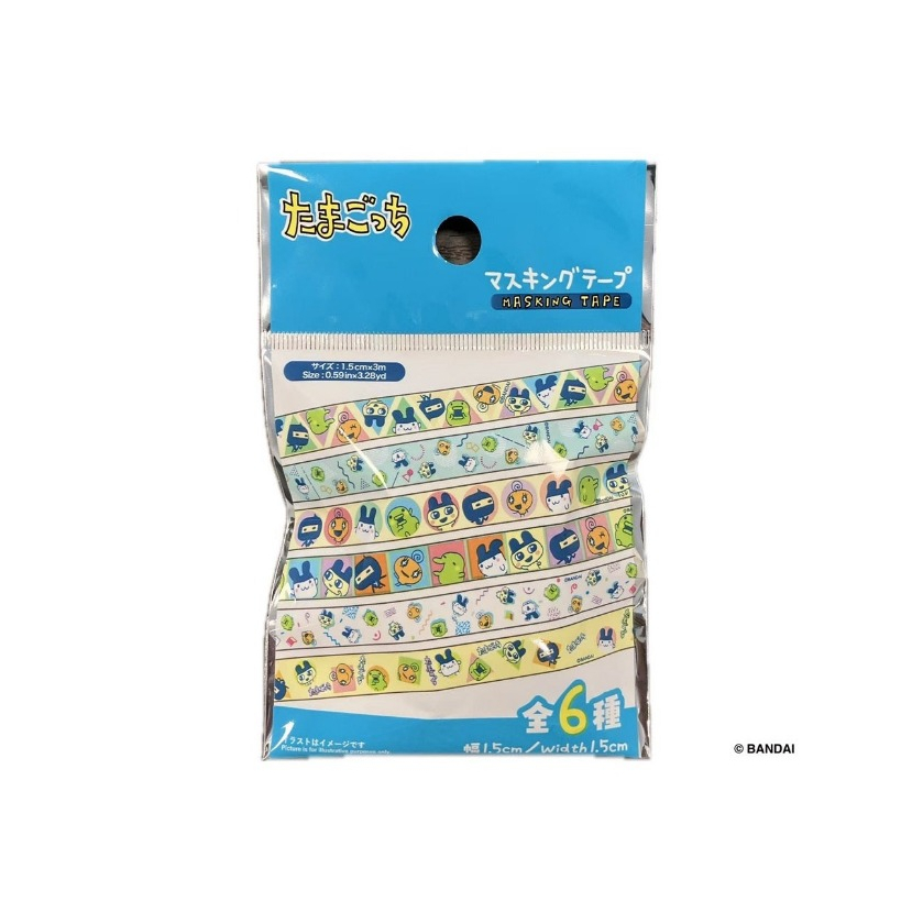 daiso-tamagotchi-129 Set of six Daiso Tamagotchi Masking Tape rolls featuring vibrant cartoon designs, packaged in a clear zip bag with a blue label; official Japan stationery by Bandai, part of the Tama Goods line.