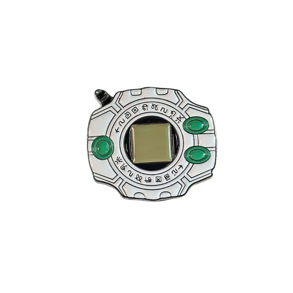digimon-adventure-digivice-enamel-pin-taichi (2) A handheld electronic game device, the Digimon Adventure Digivice Enamel Pin Hard Taichi Tribute Custom Fan Fanbase, features a square screen and green buttons.