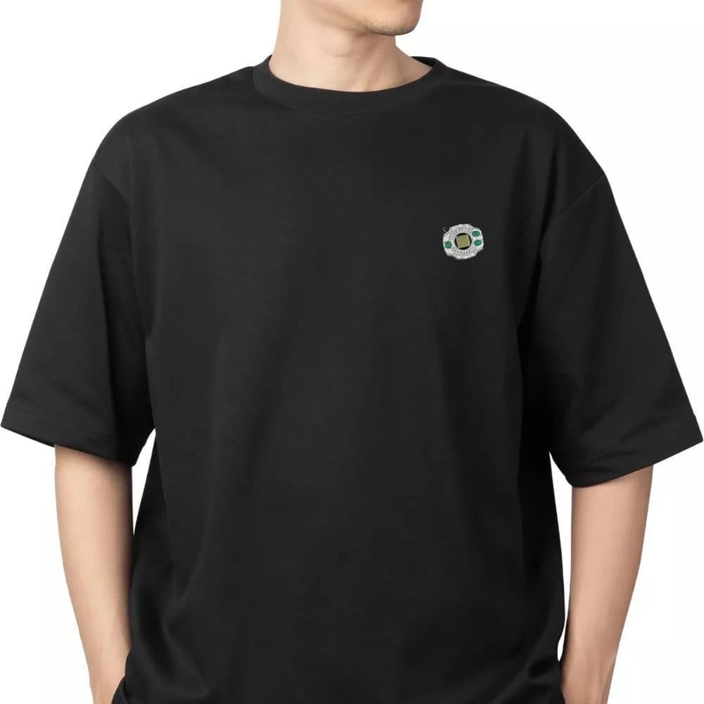 digimon-adventure-digivice-enamel-pin-taichi (4) Person wearing a plain black T-shirt with a small circular Digimon Adventure Digivice Enamel Pin Hard Taichi Tribute Custom Fan Fanbase patch on the left chest.