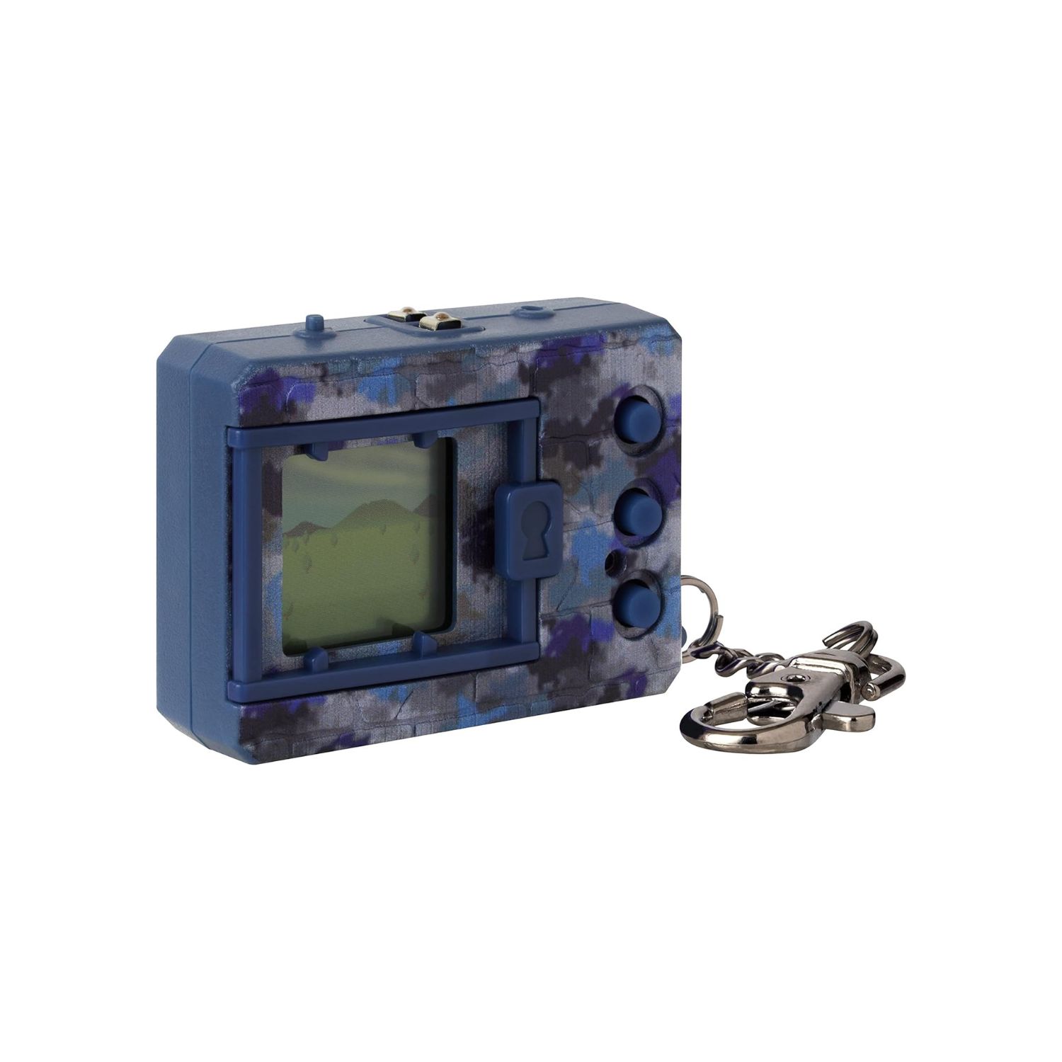 A blue keychain with a tv screen on it.