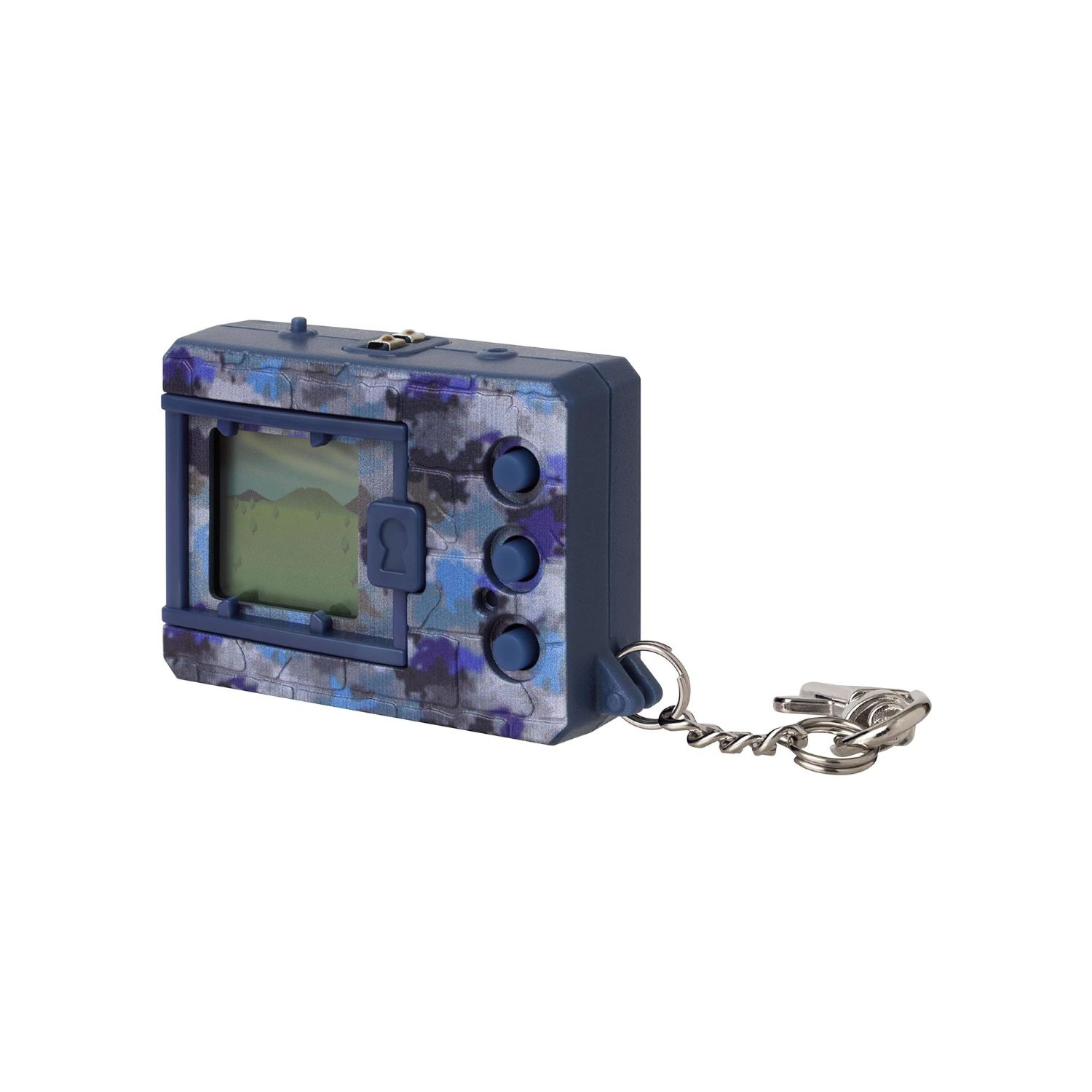 A blue and white lcd game with a key chain.