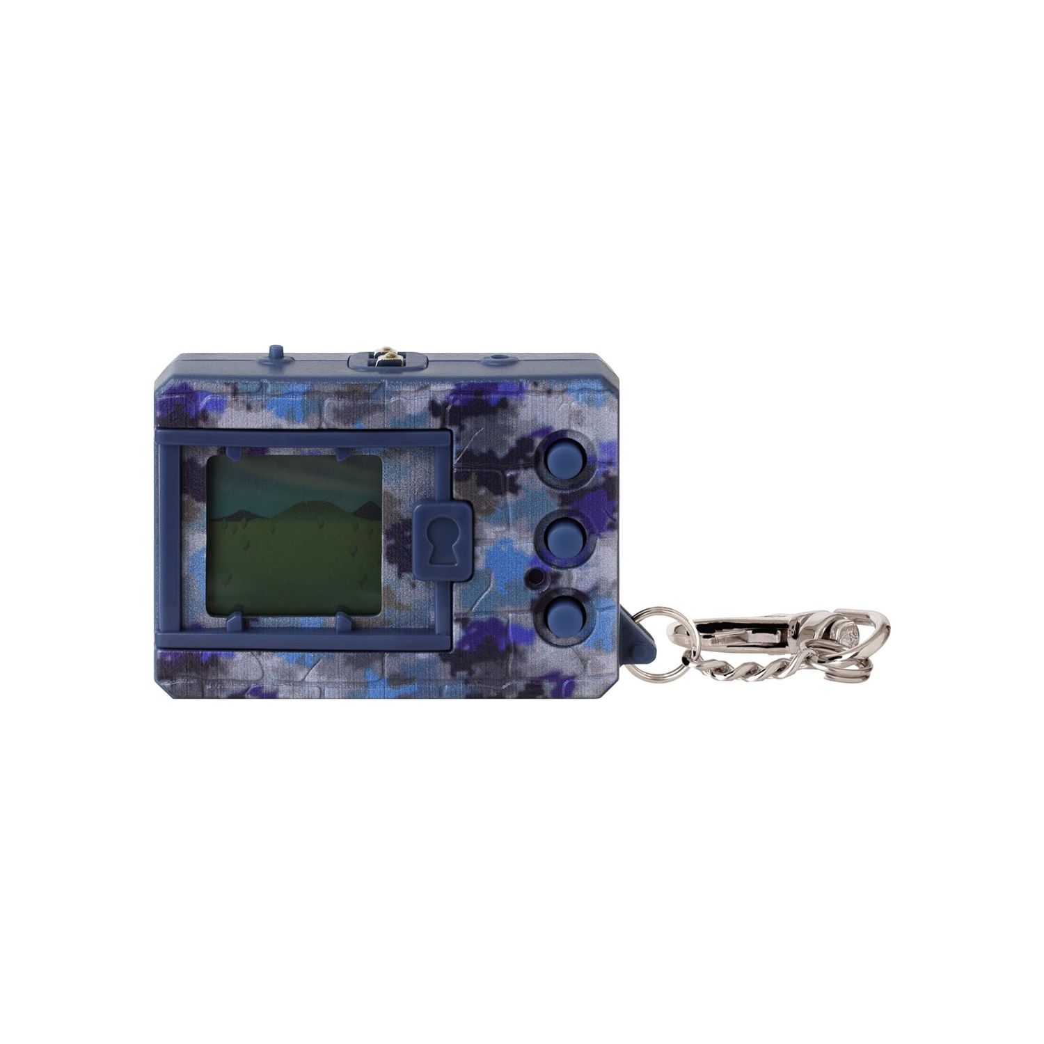 A small electronic device with buttons and a key chain.