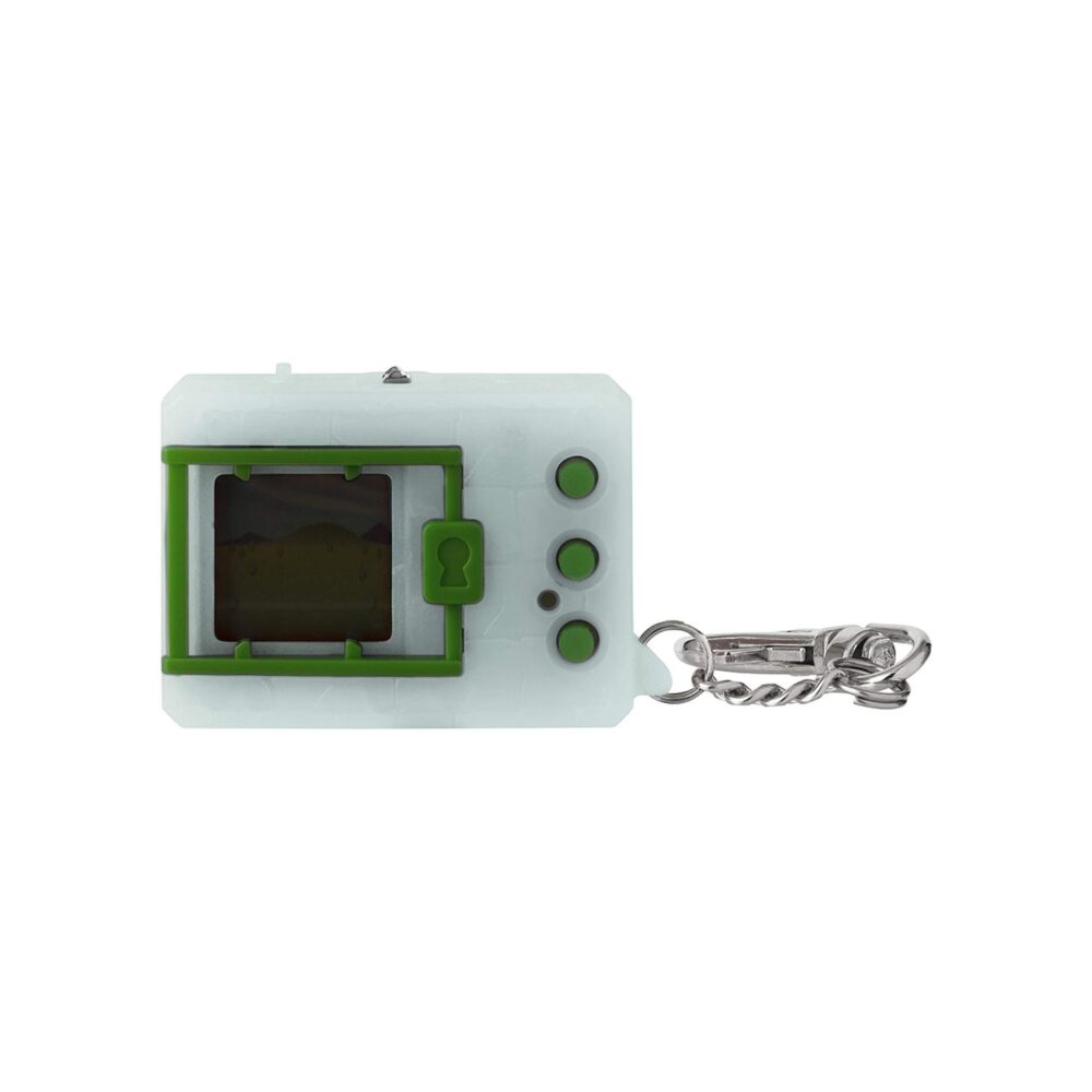 A white and green keychain with a camera on it.
