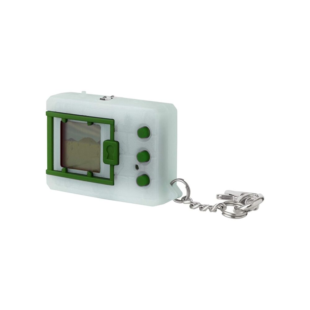 A white and green keychain with a green screen.